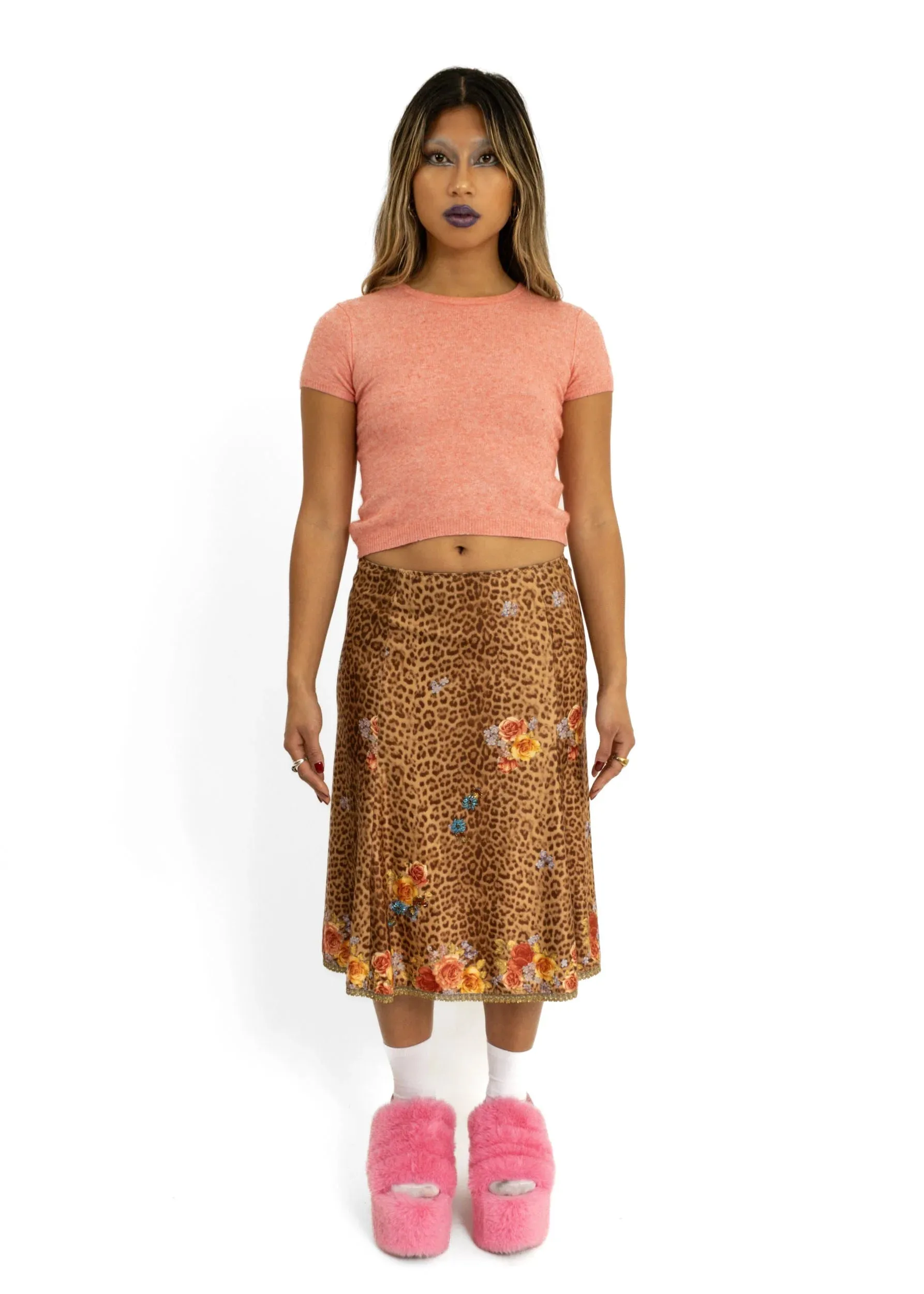 Leopard print/ floral velvet skirt with beading detail