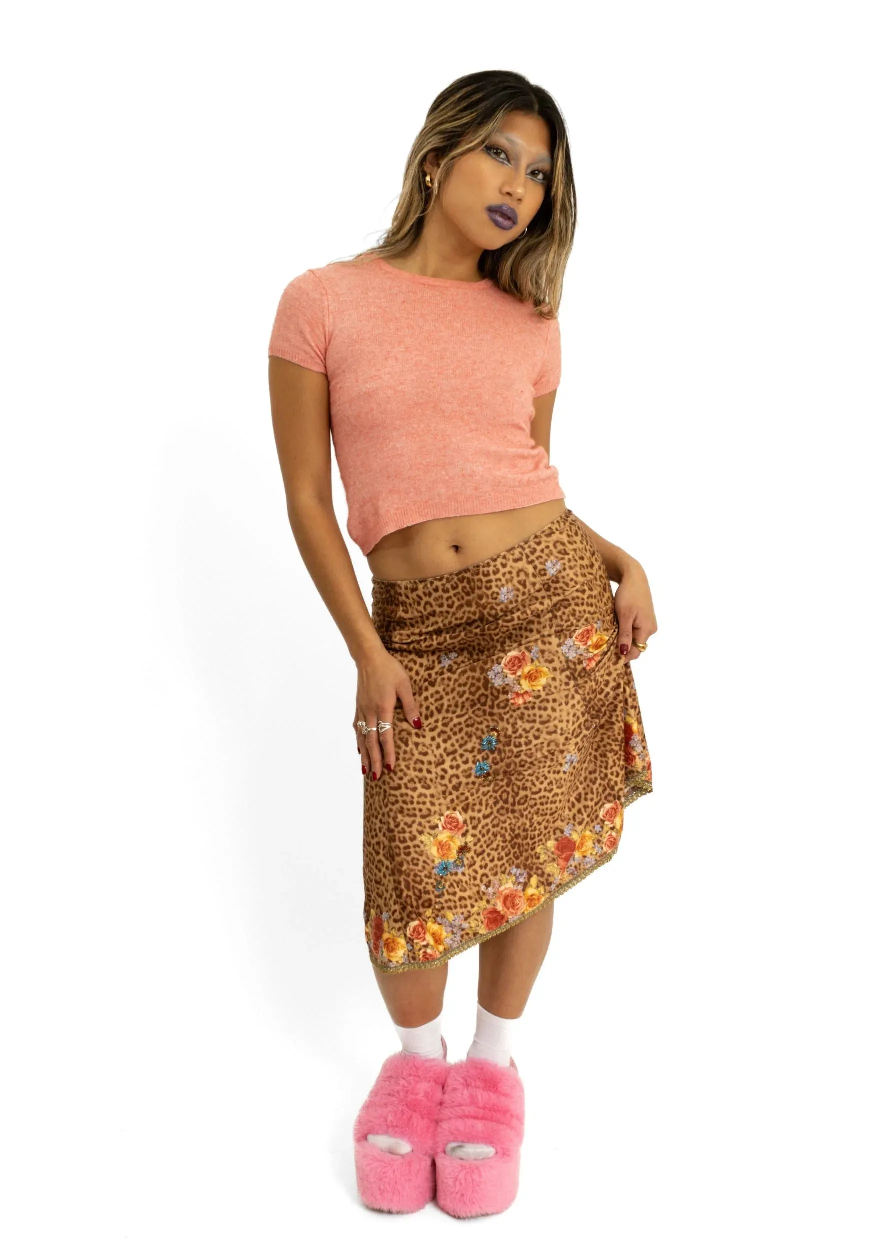 Leopard print/ floral velvet skirt with beading detail