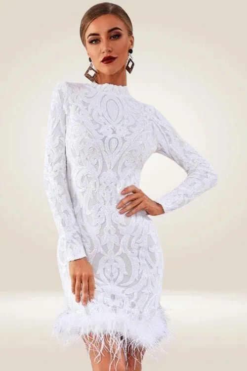 Long Sleeve Sequins Feather White Mini Dress
