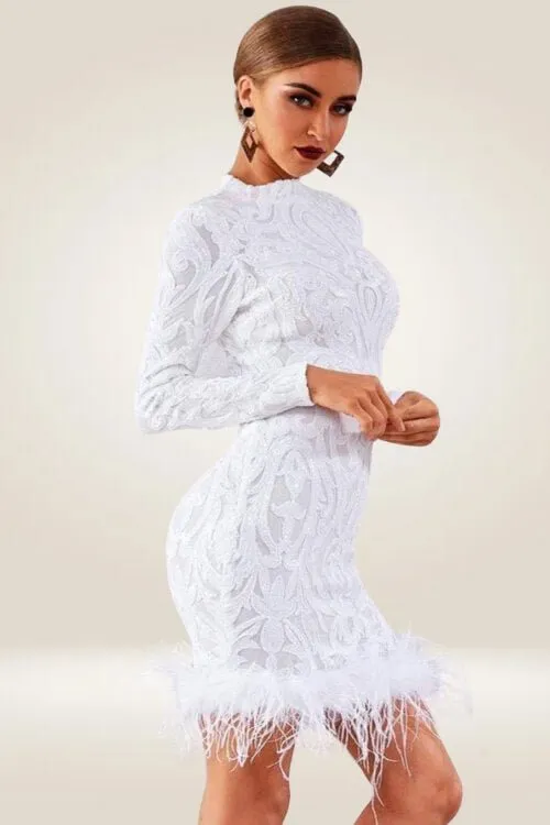 Long Sleeve Sequins Feather White Mini Dress