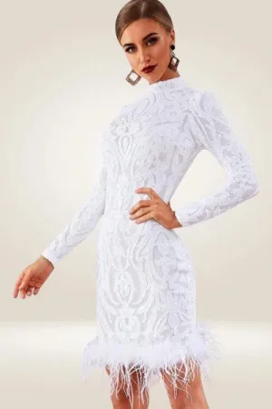 Long Sleeve Sequins Feather White Mini Dress