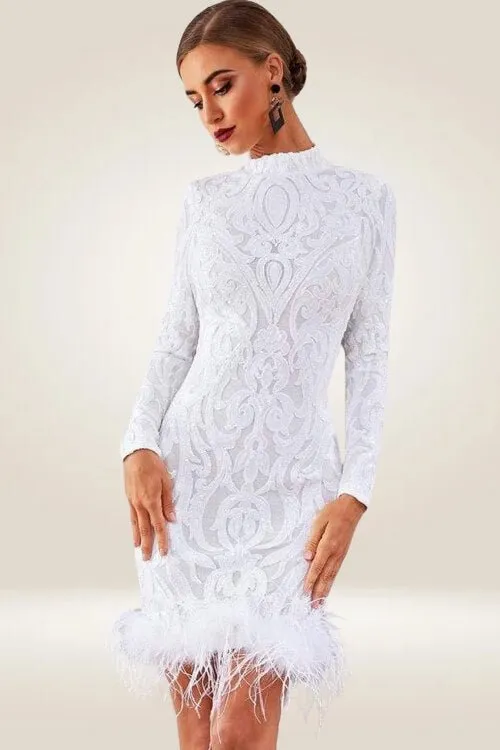 Long Sleeve Sequins Feather White Mini Dress