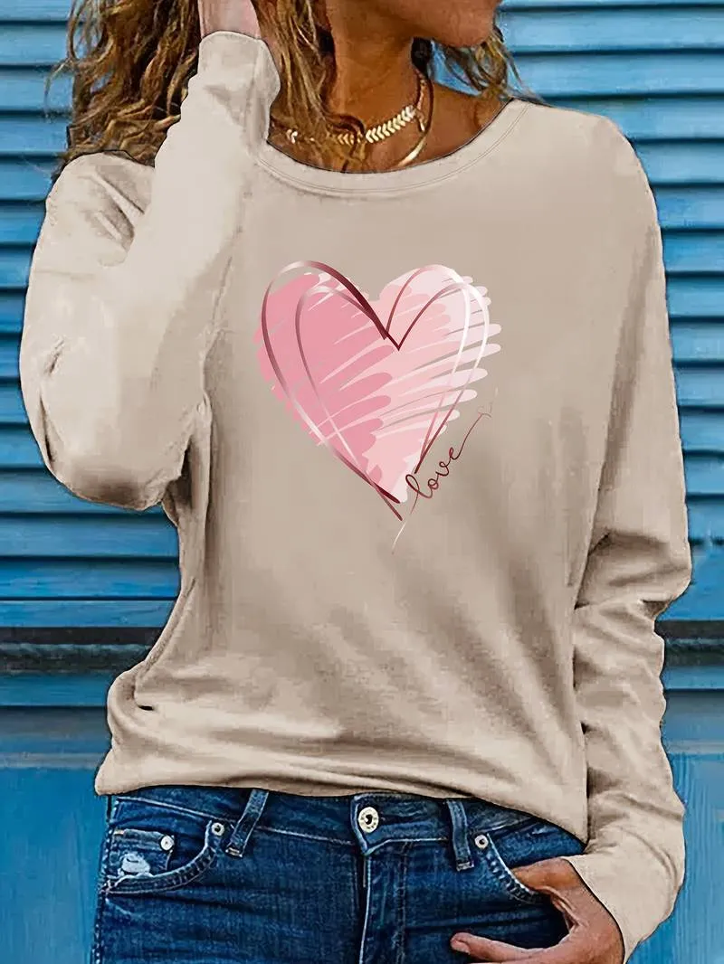 Long-sleeved Emma T-shirt with heart and love print, crew neck