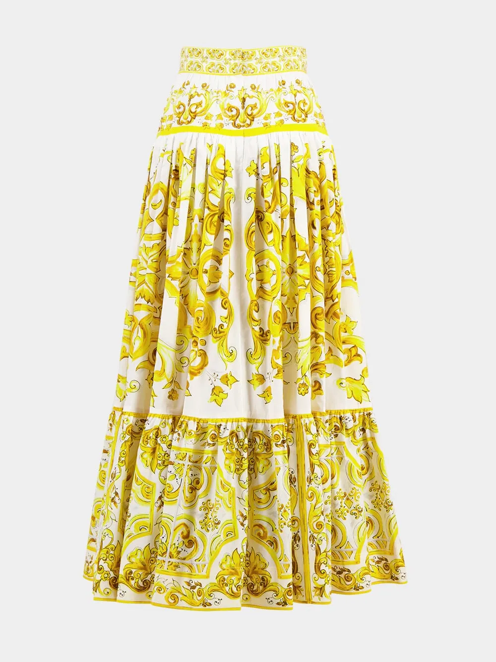 Long Yellow Majolica-Print Poplin Skirt with Ruffles