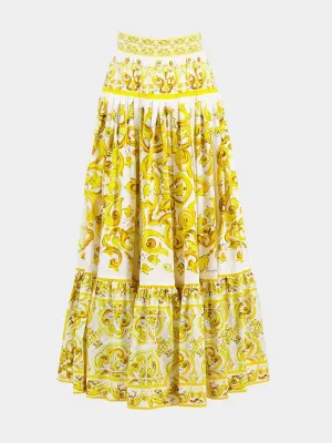 Long Yellow Majolica-Print Poplin Skirt with Ruffles