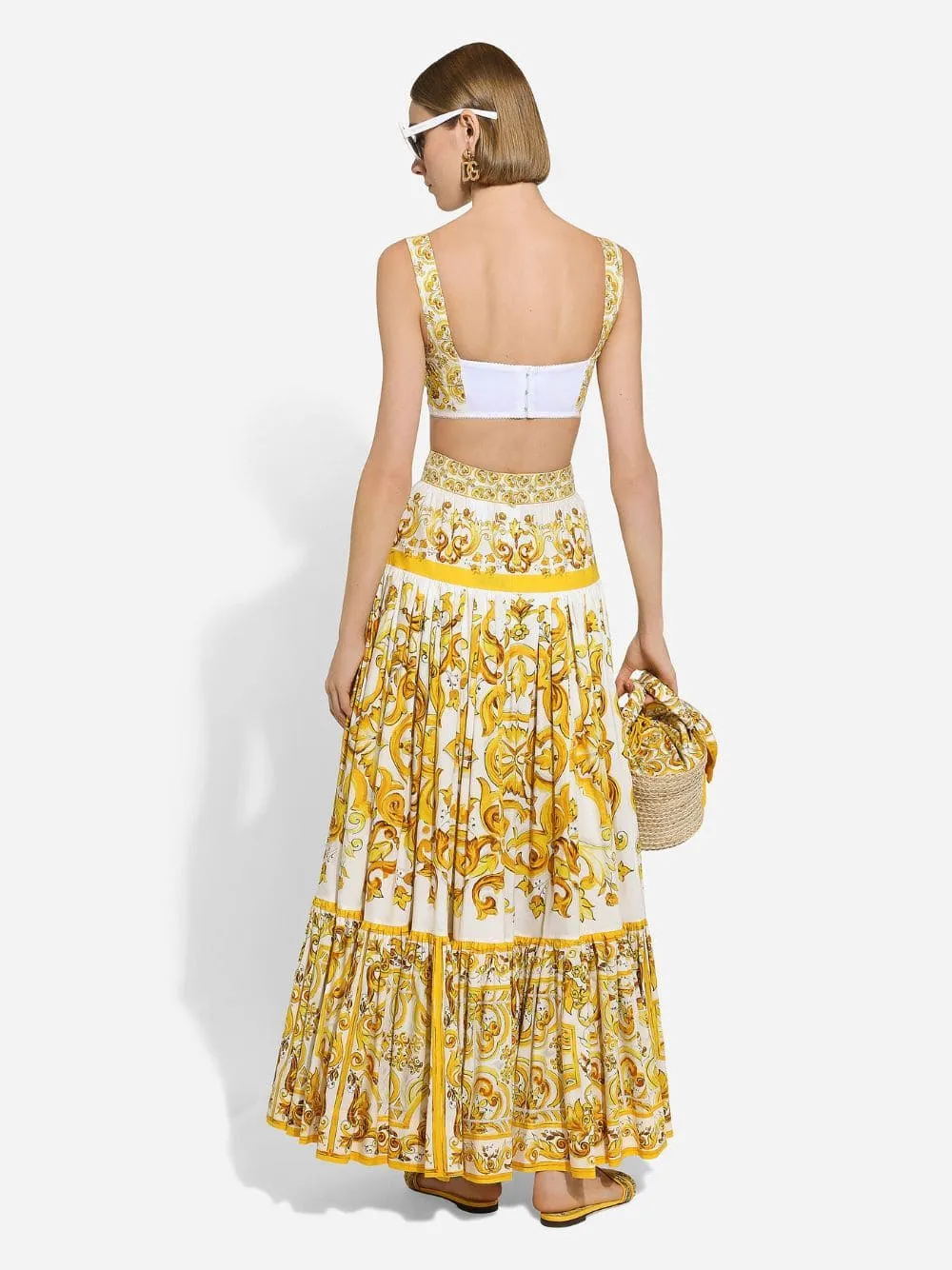 Long Yellow Majolica-Print Poplin Skirt with Ruffles