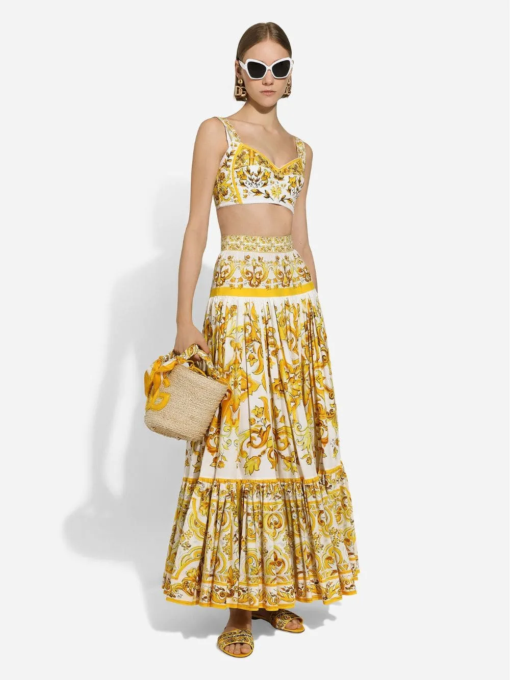 Long Yellow Majolica-Print Poplin Skirt with Ruffles