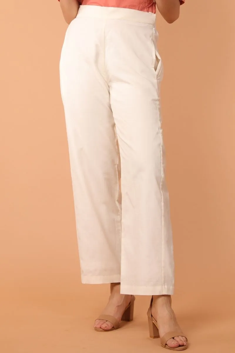 Loose Fit Straight Pants in White Hand Loom Cotton
