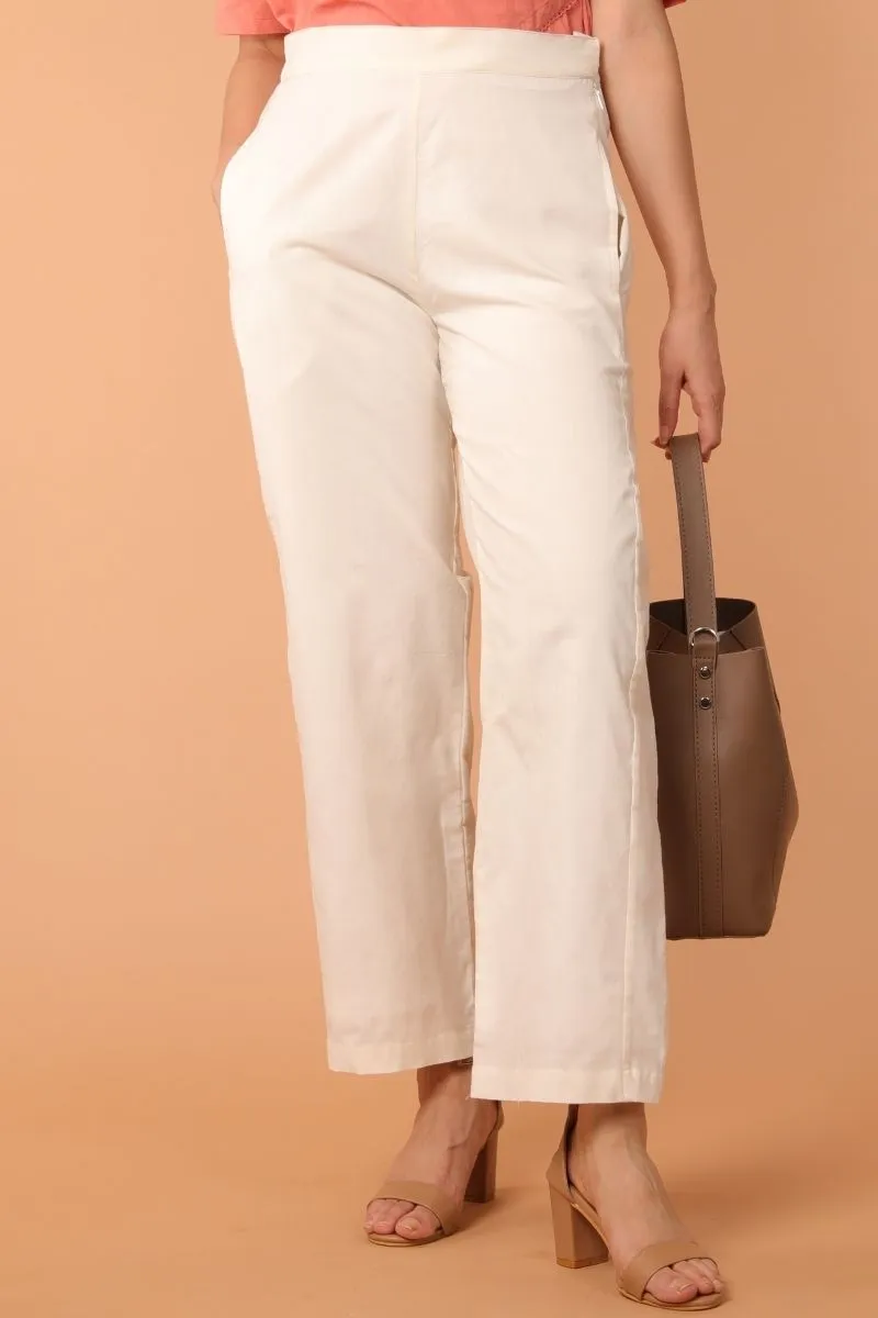 Loose Fit Straight Pants in White Hand Loom Cotton