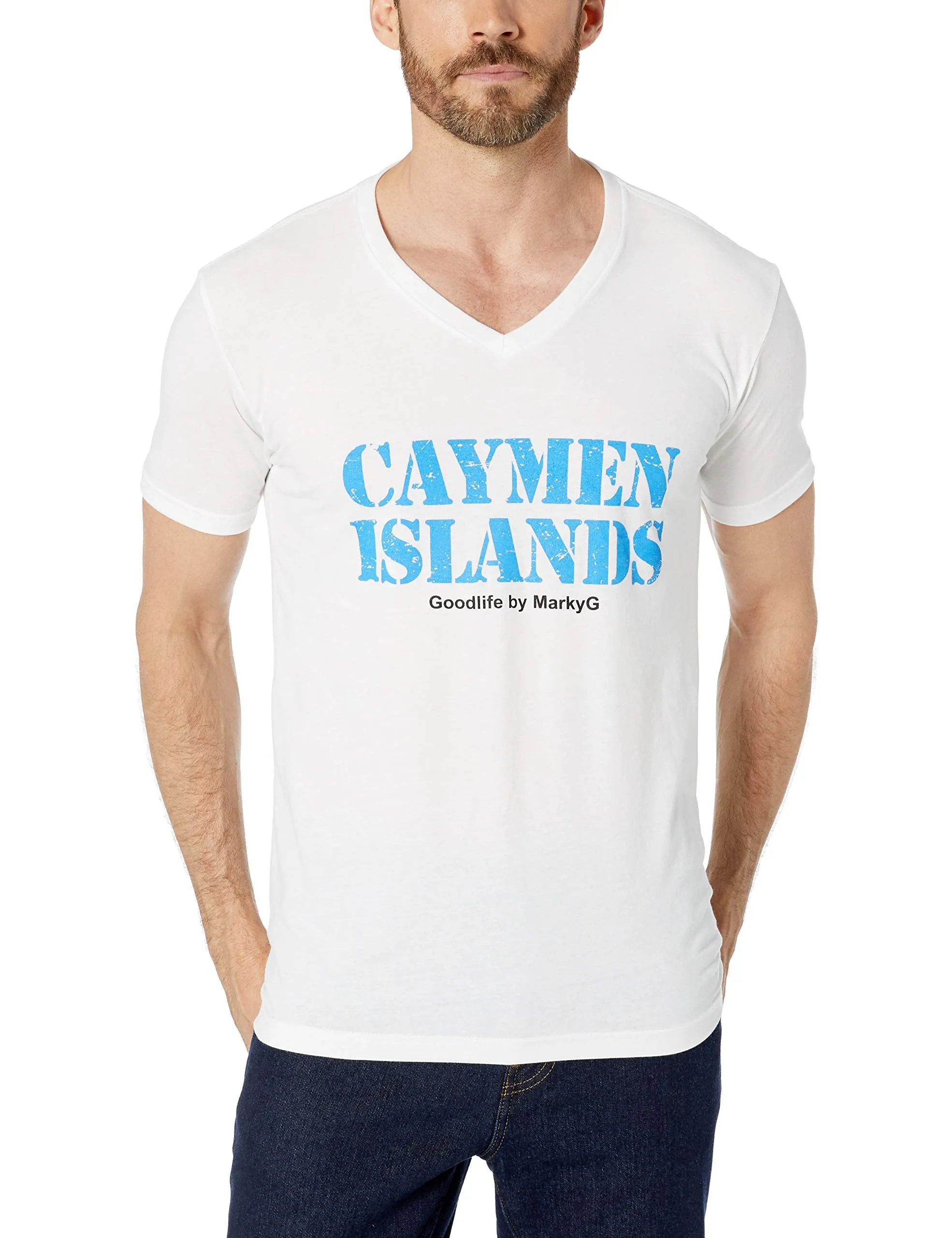 Marky G Apparel Men's Cayman Islands Graphic Printed Premium Tops Fitted Sueded Short Sleeve V-Neck T-Shirt