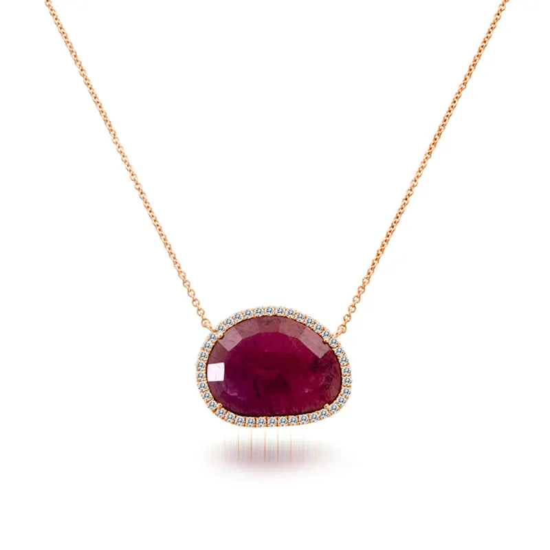 Meira T Rough Cut Ruby Slice Necklace with a Halo of White Diamonds