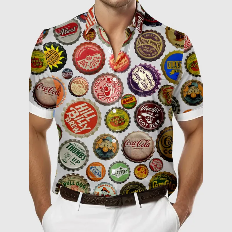 Men's Vintage Soda and Drinks Bottle Caps Short Sleeve Shirt
