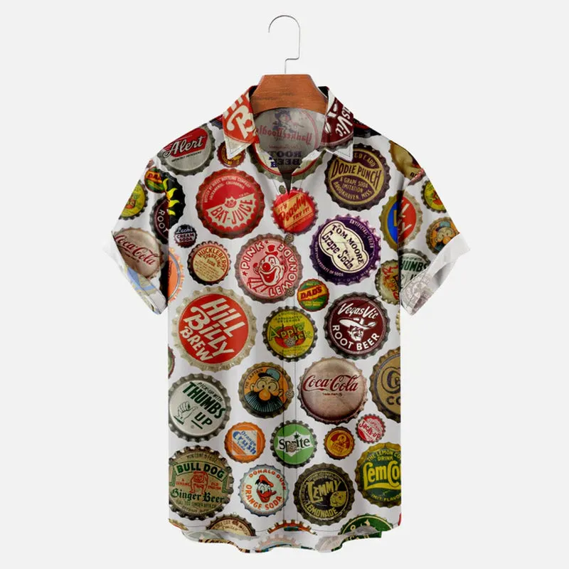 Men's Vintage Soda and Drinks Bottle Caps Short Sleeve Shirt