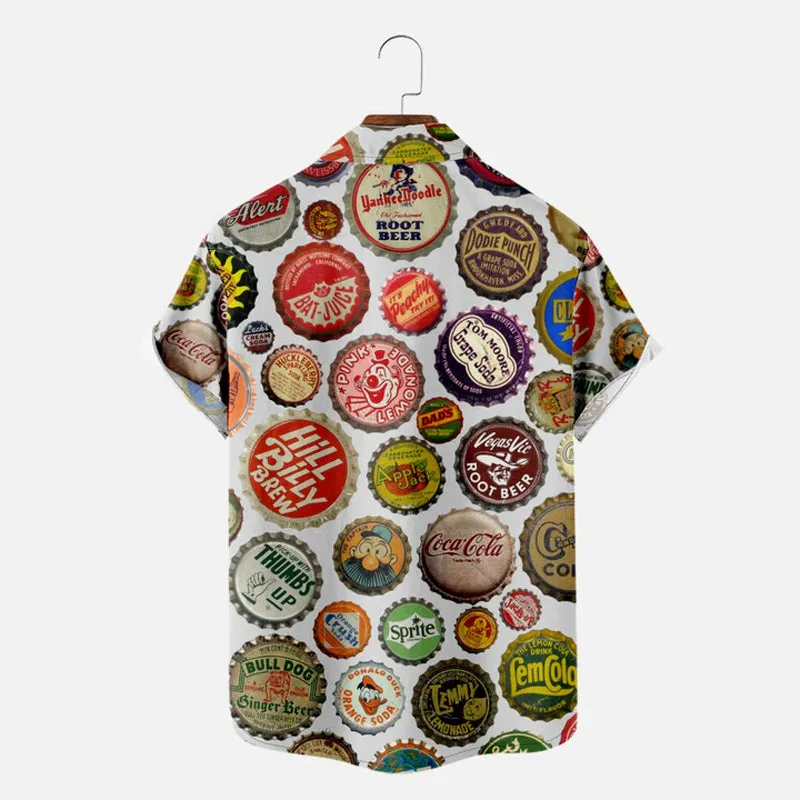 Men's Vintage Soda and Drinks Bottle Caps Short Sleeve Shirt