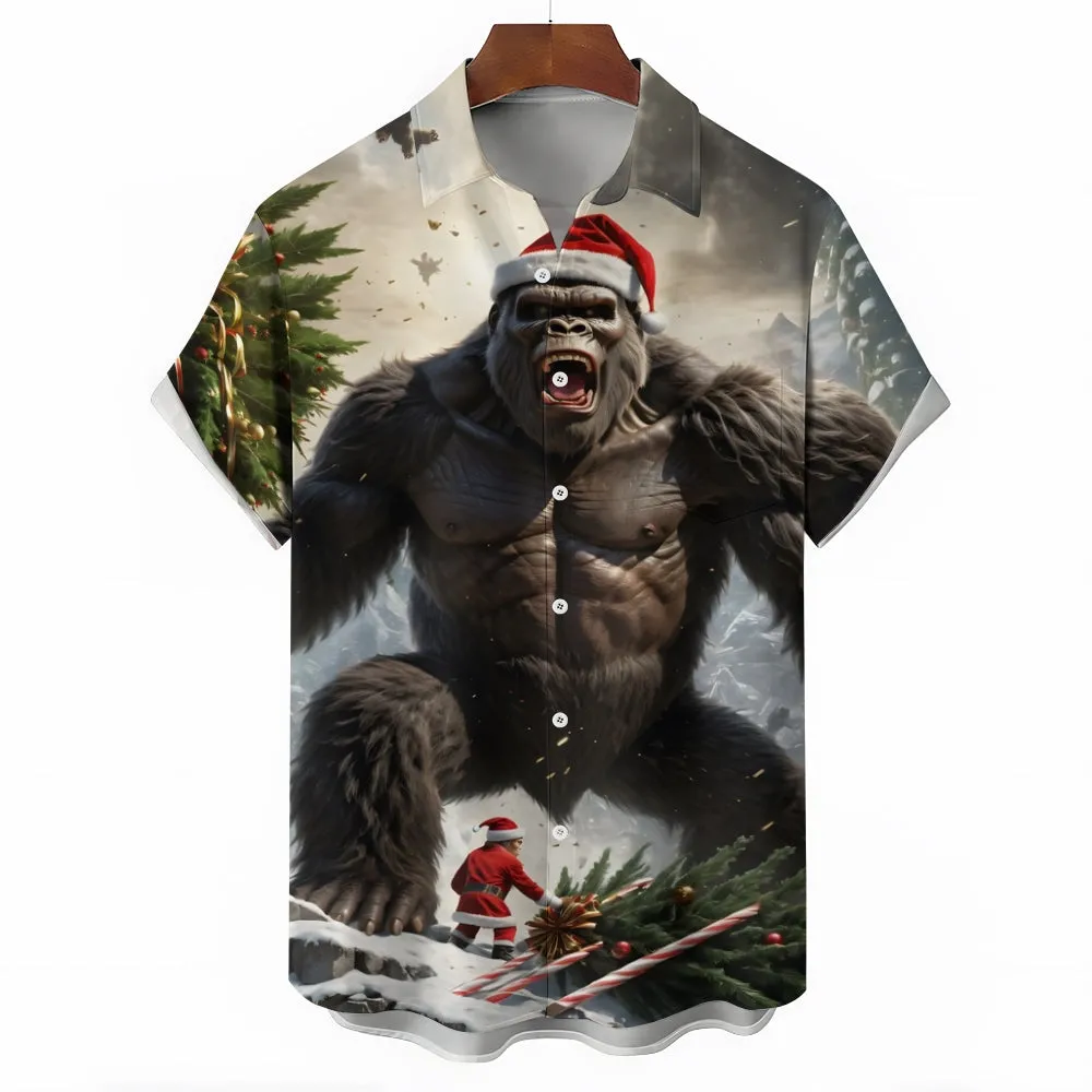 Merry Christmas Bigfoot Print Casual Short Sleeve Shirt 2411008170