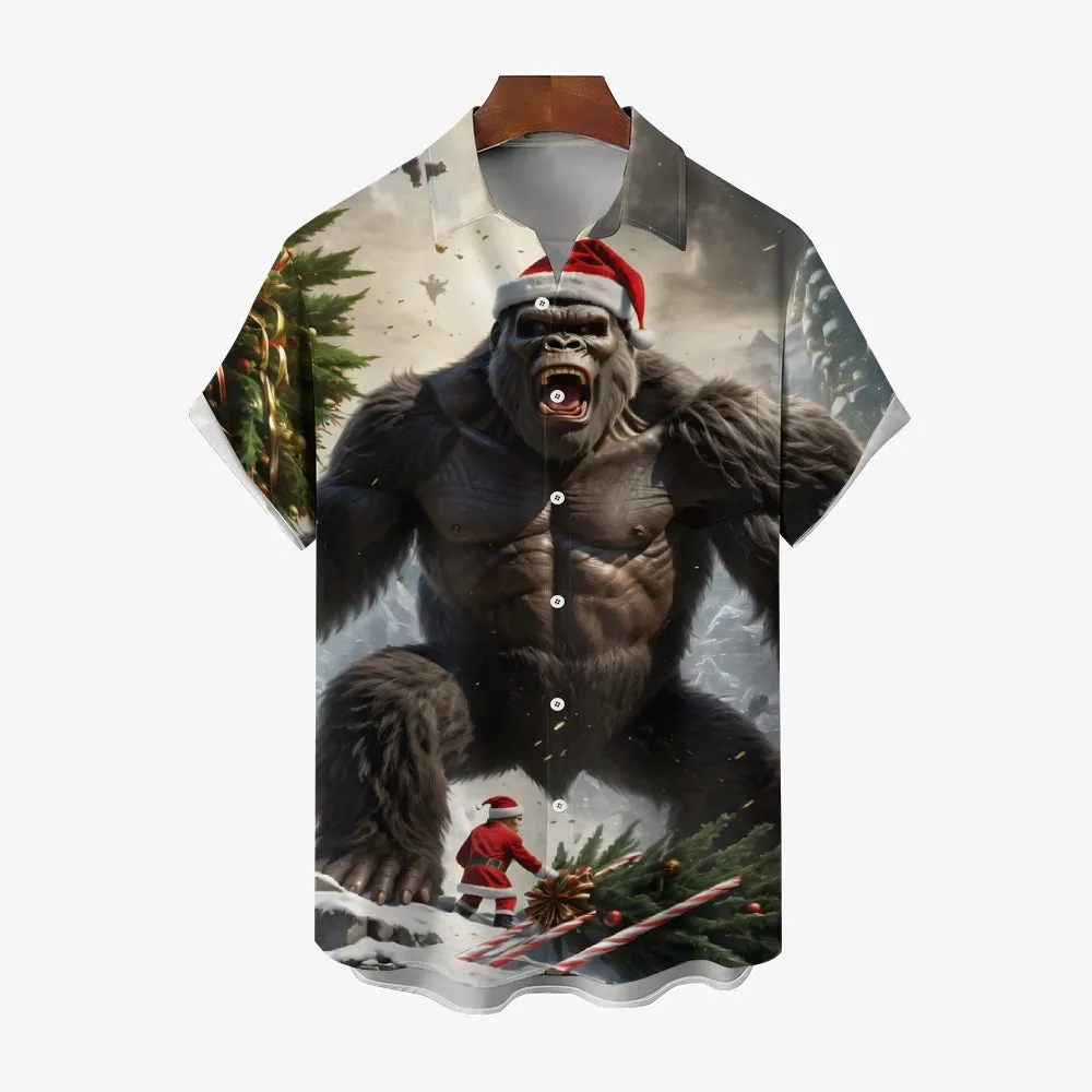 Merry Christmas Bigfoot Print Casual Short Sleeve Shirt 2411008170