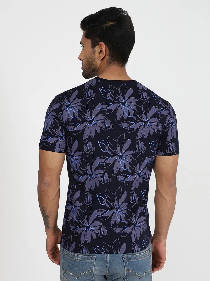 Navy Blue Printed Slim Fit T-Shirt | Greenfibre