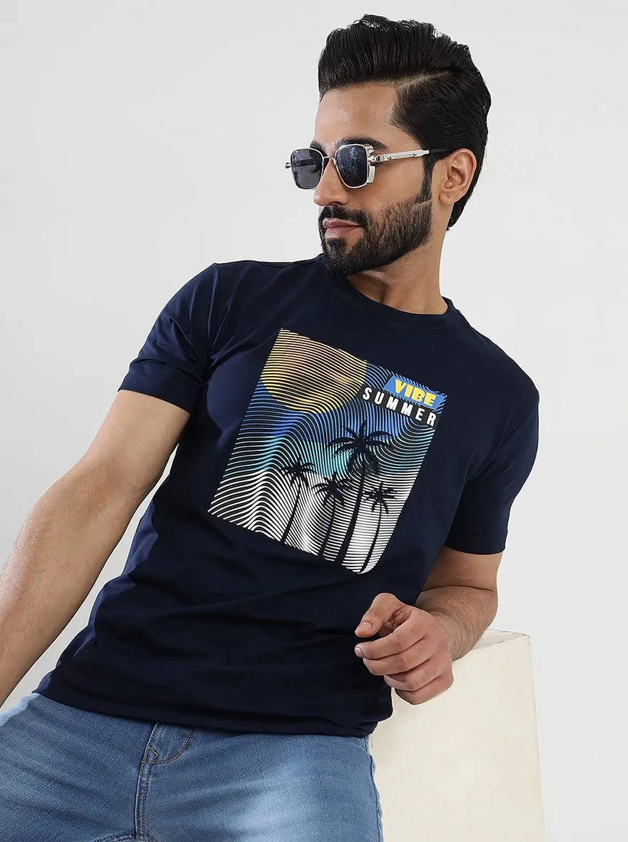 Navy Blue Printed Slim Fit T-Shirt | JadeBlue