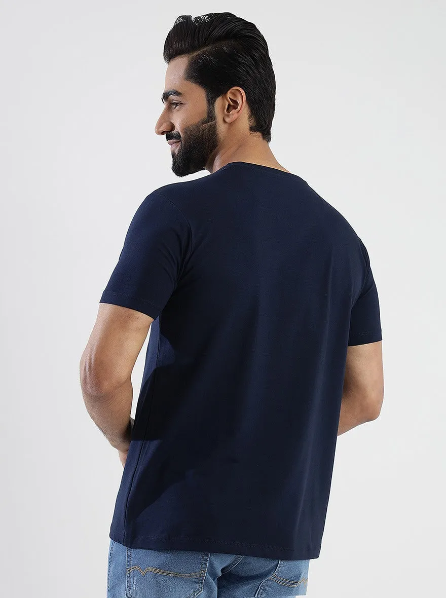 Navy Blue Printed Slim Fit T-Shirt | JadeBlue