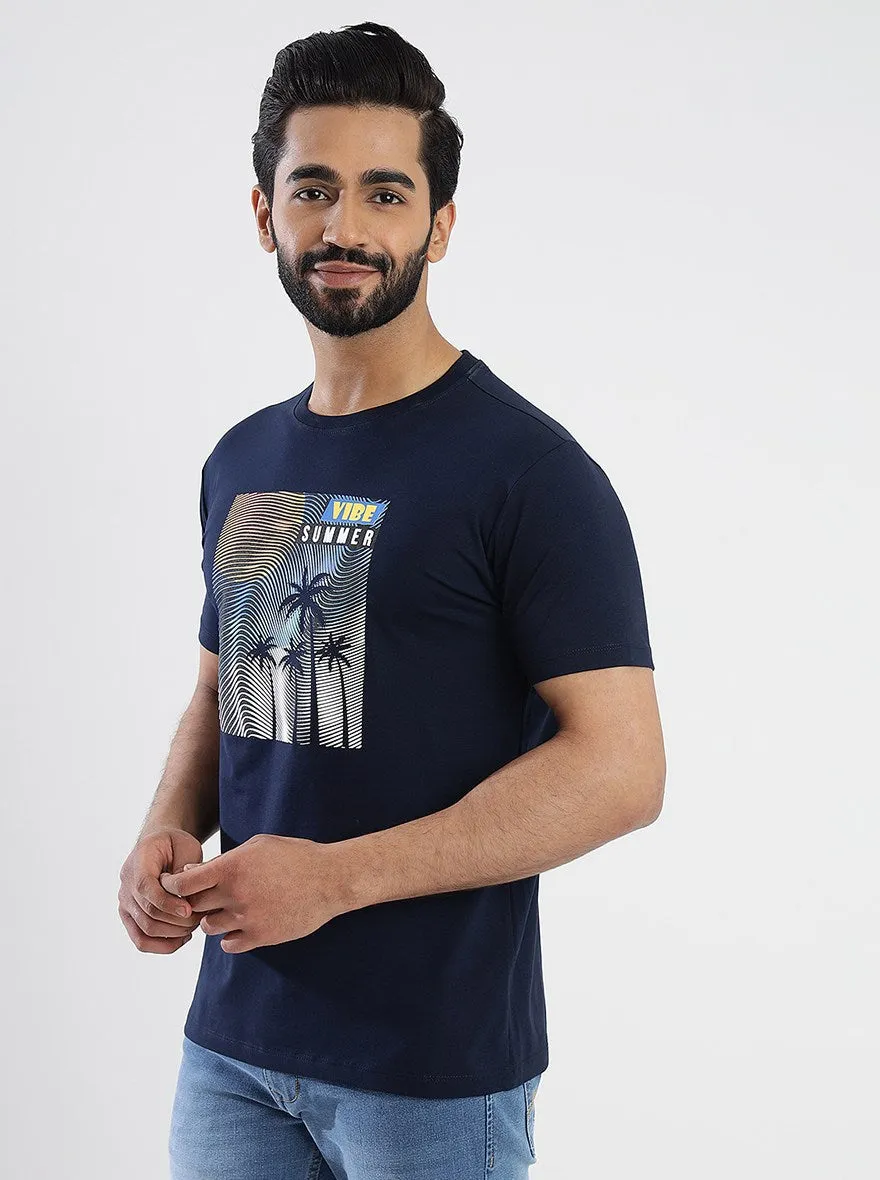 Navy Blue Printed Slim Fit T-Shirt | JadeBlue