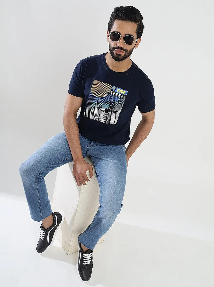 Navy Blue Printed Slim Fit T-Shirt | JadeBlue