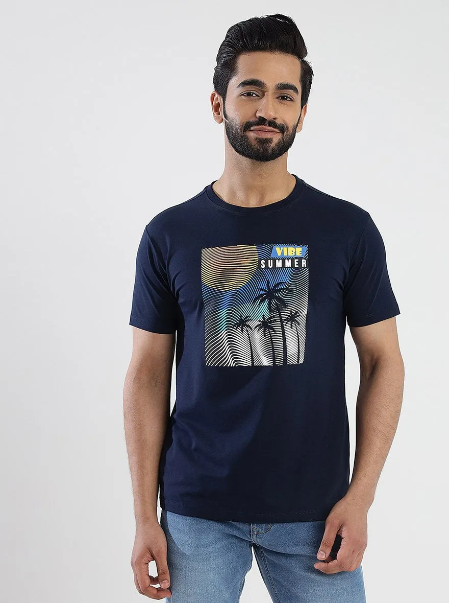 Navy Blue Printed Slim Fit T-Shirt | JadeBlue