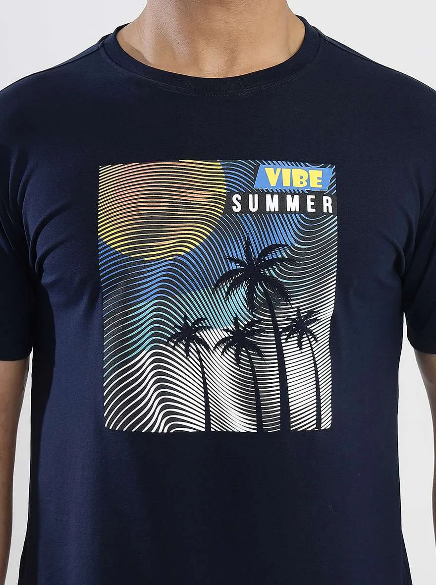 Navy Blue Printed Slim Fit T-Shirt | JadeBlue