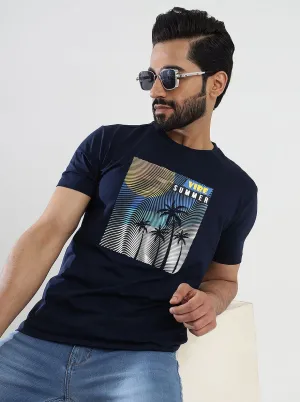 Navy Blue Printed Slim Fit T-Shirt | JadeBlue