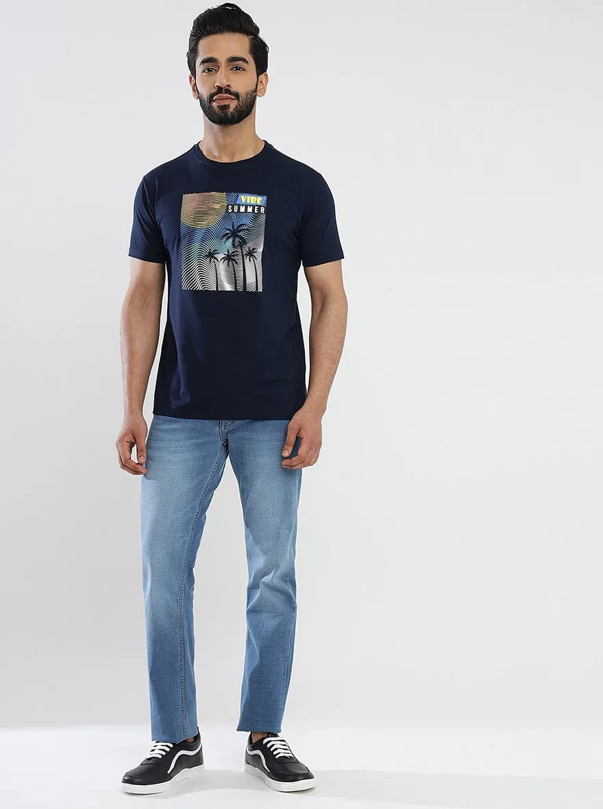 Navy Blue Printed Slim Fit T-Shirt | JadeBlue