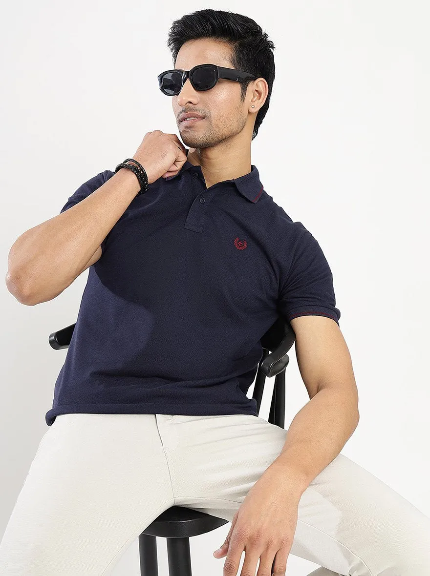 Navy Blue Solid Slim Fit Polo T-Shirt | Greenfibre