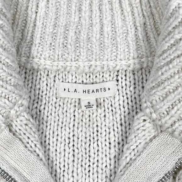 PacSun L.A. Hearts White Knit 1/4 Zip Long Sleeve Sweater Ribbed Neck Hem Size S