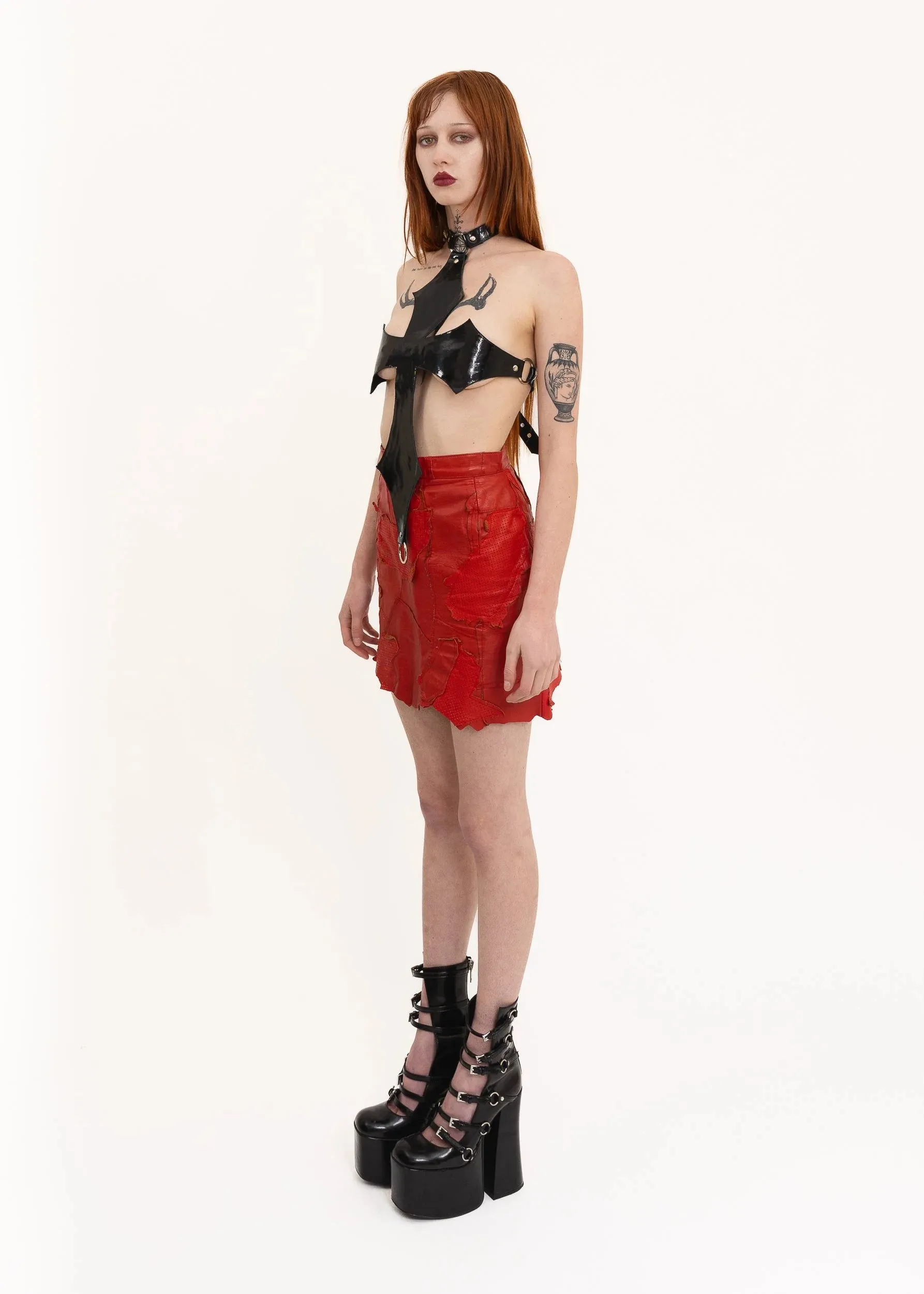 Patchwork scrap leather mini skirt