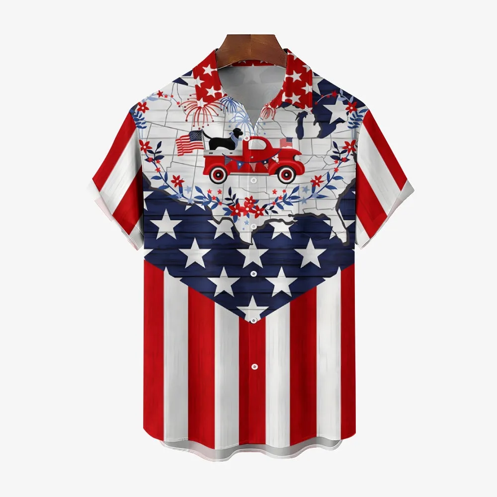 Patriotic Flag Trucker Print Chest Pocket Short Sleeve Shirt 2411005933