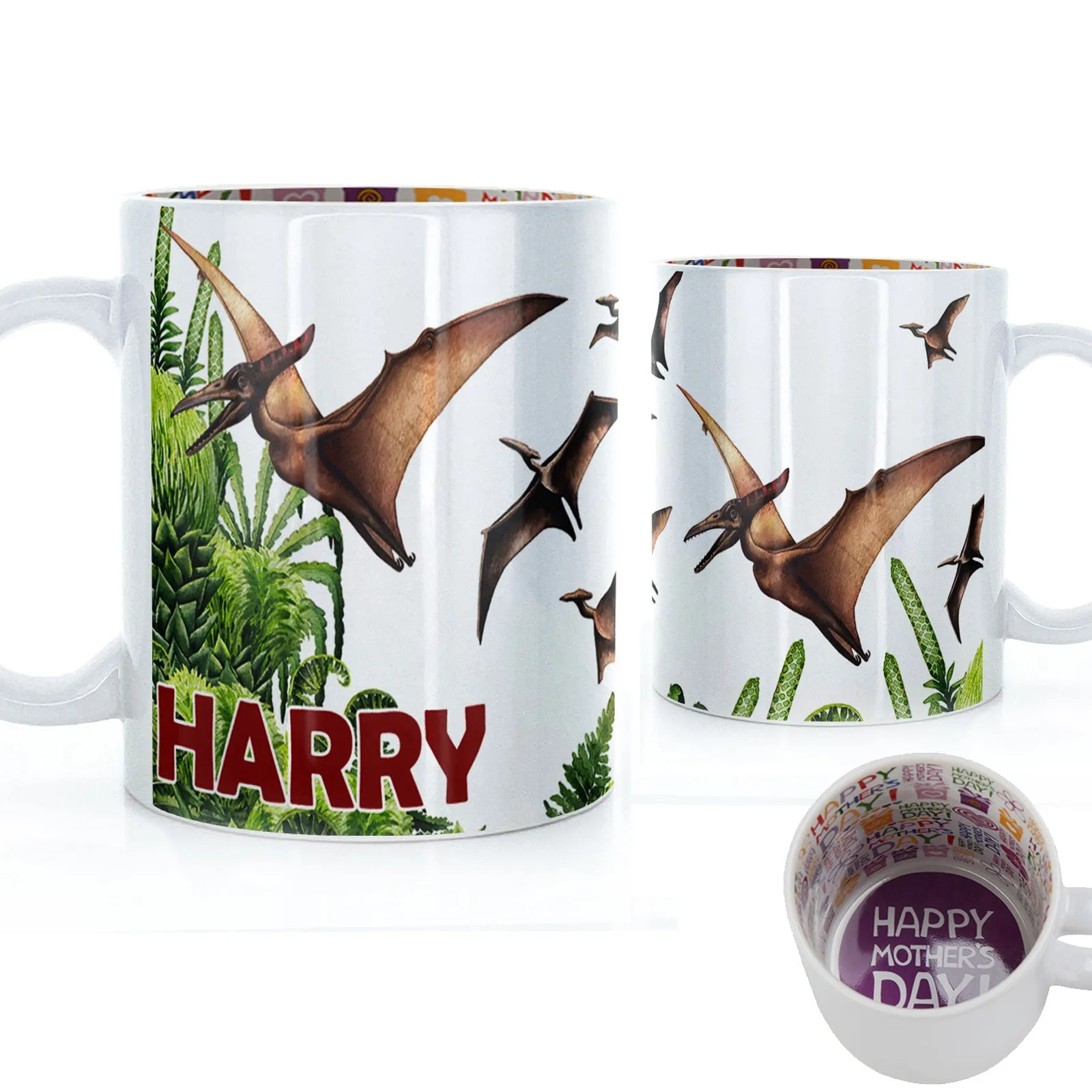 Personalised Mug with Red Bold Text and Pterodactyls