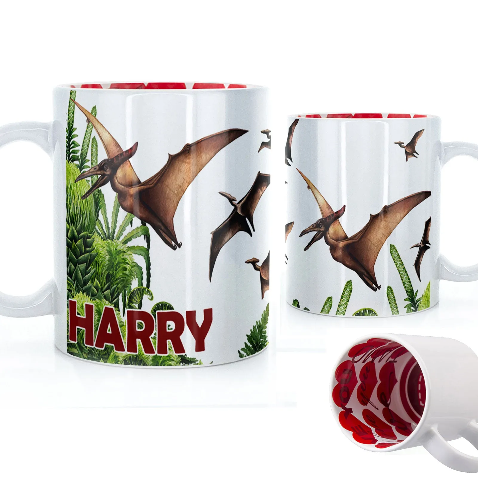 Personalised Mug with Red Bold Text and Pterodactyls