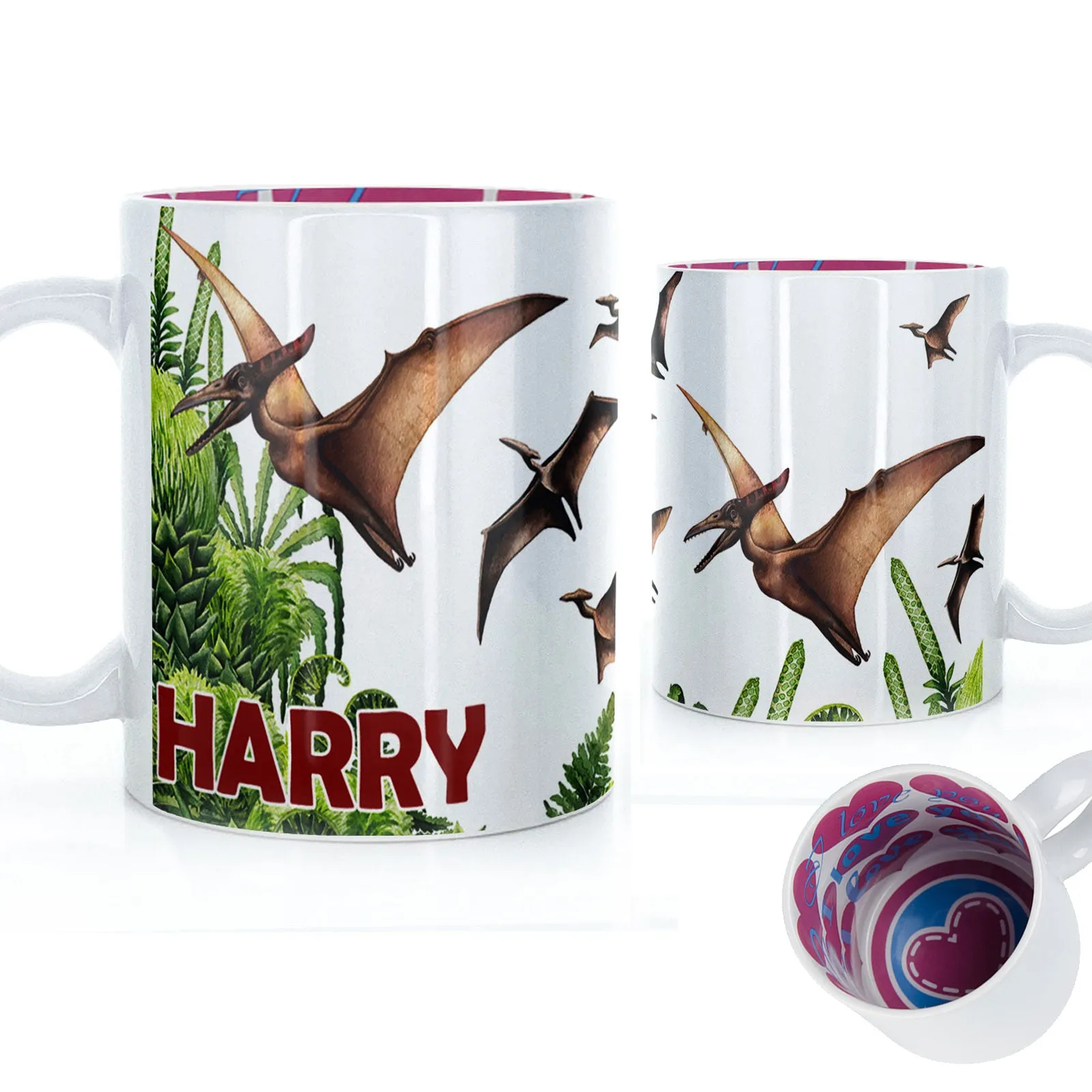 Personalised Mug with Red Bold Text and Pterodactyls