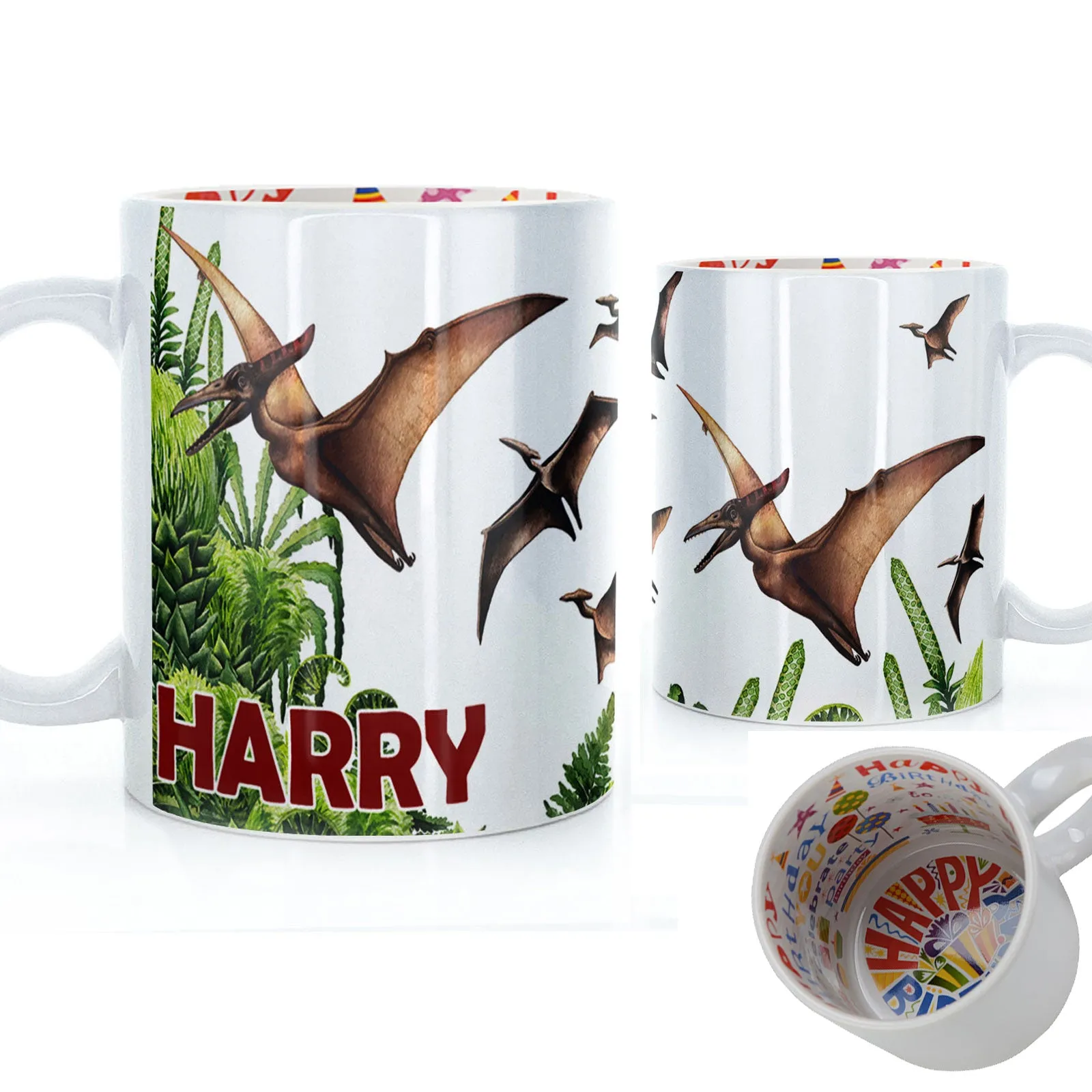 Personalised Mug with Red Bold Text and Pterodactyls