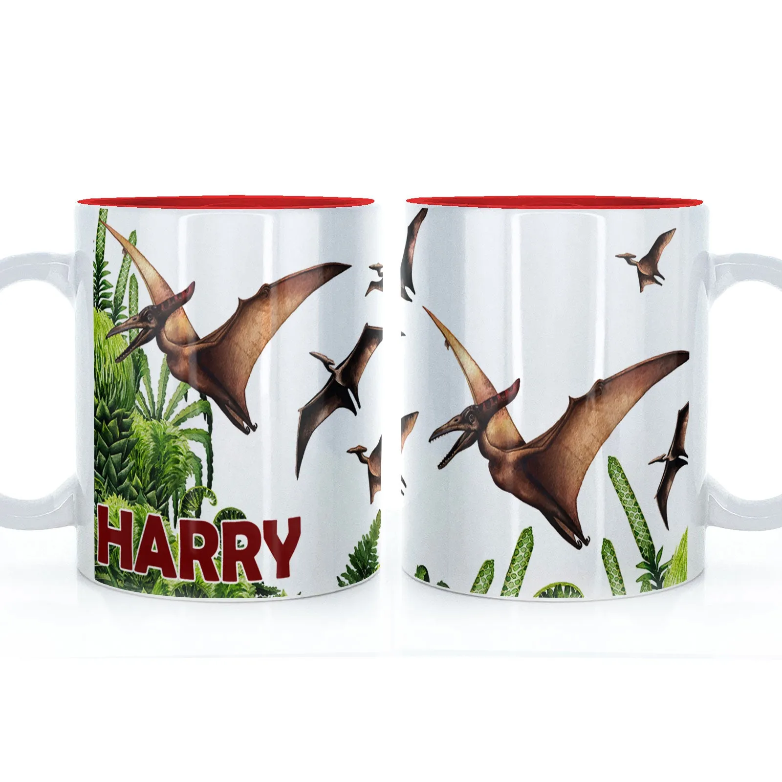 Personalised Mug with Red Bold Text and Pterodactyls