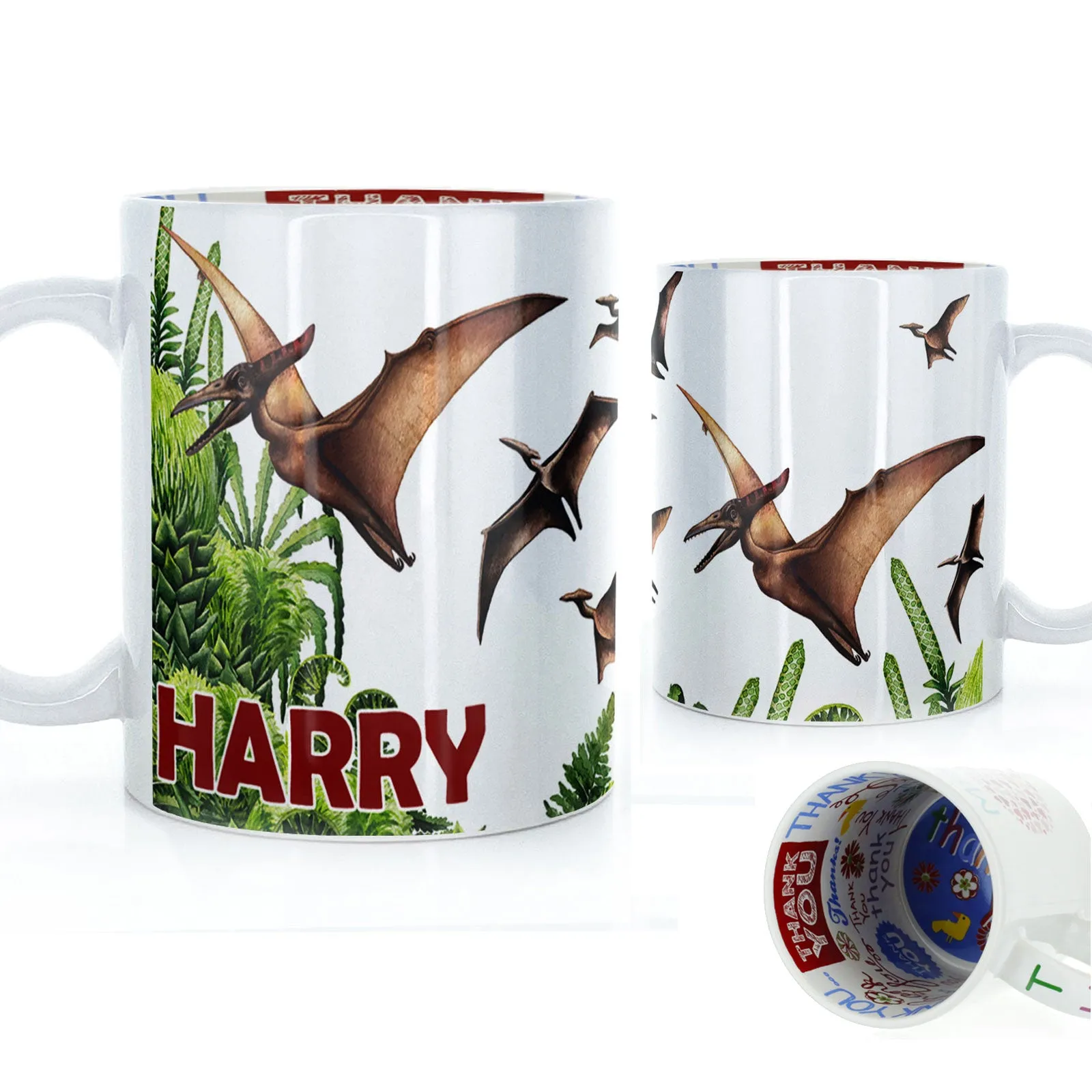 Personalised Mug with Red Bold Text and Pterodactyls