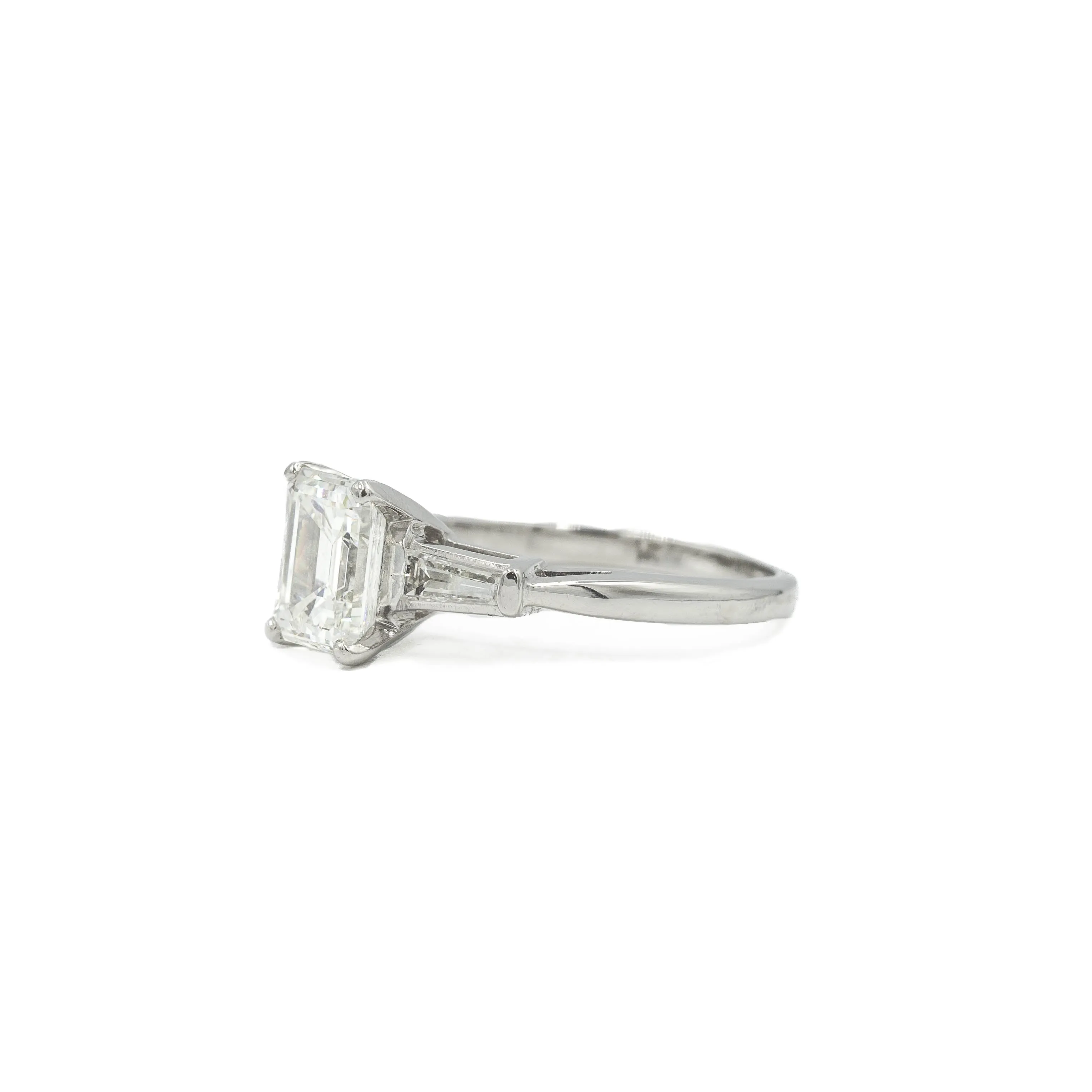 Platinum 1.61ct Emerald with Tapered Baguette Vintage Diamond Ring