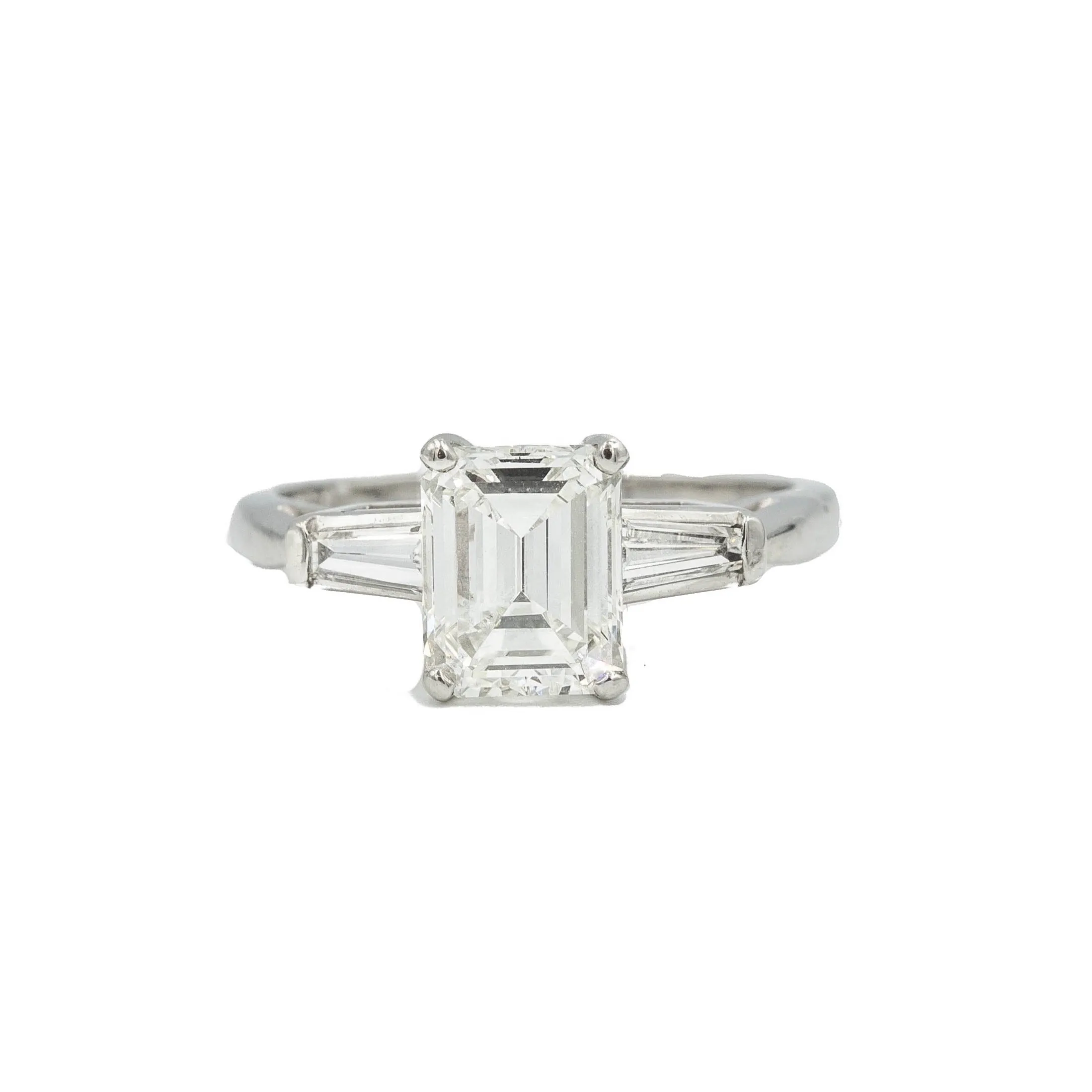 Platinum 1.61ct Emerald with Tapered Baguette Vintage Diamond Ring