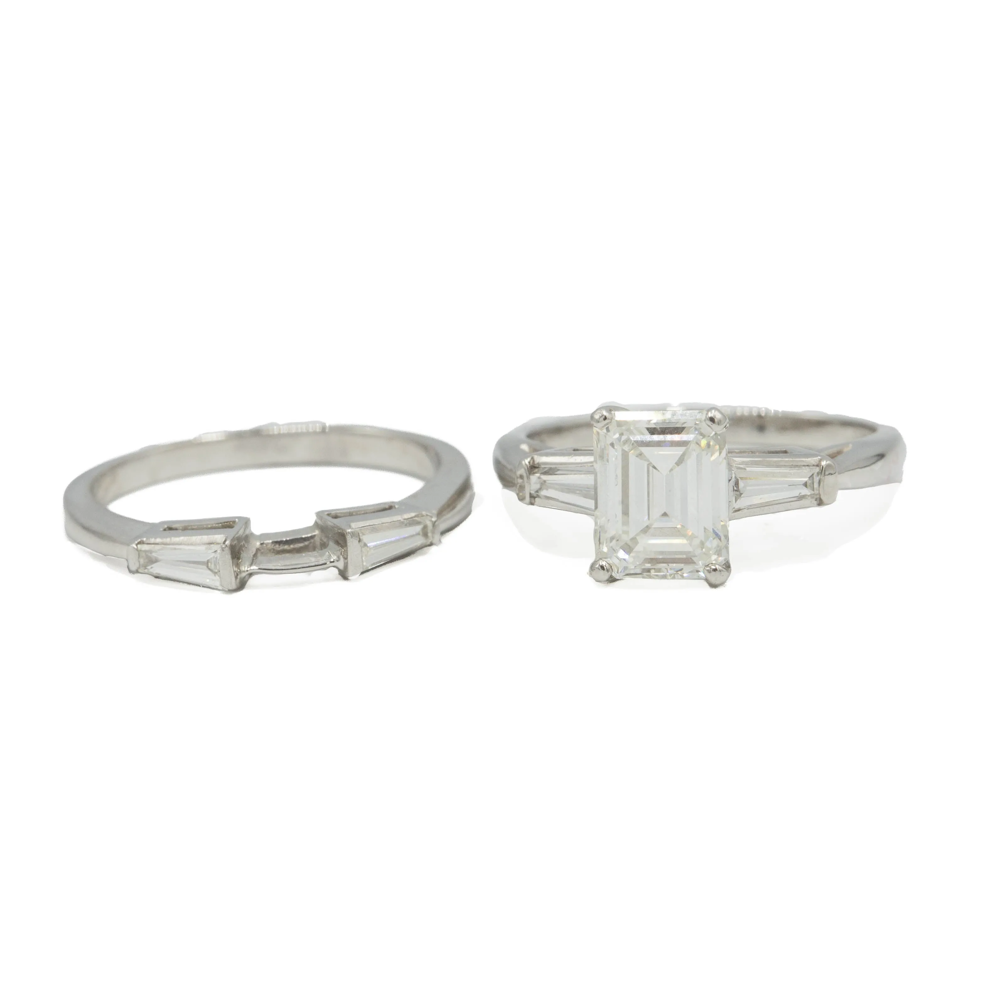 Platinum 1.61ct Emerald with Tapered Baguette Vintage Diamond Ring