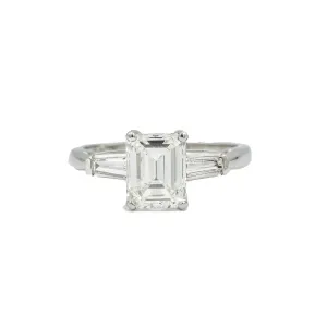 Platinum 1.61ct Emerald with Tapered Baguette Vintage Diamond Ring