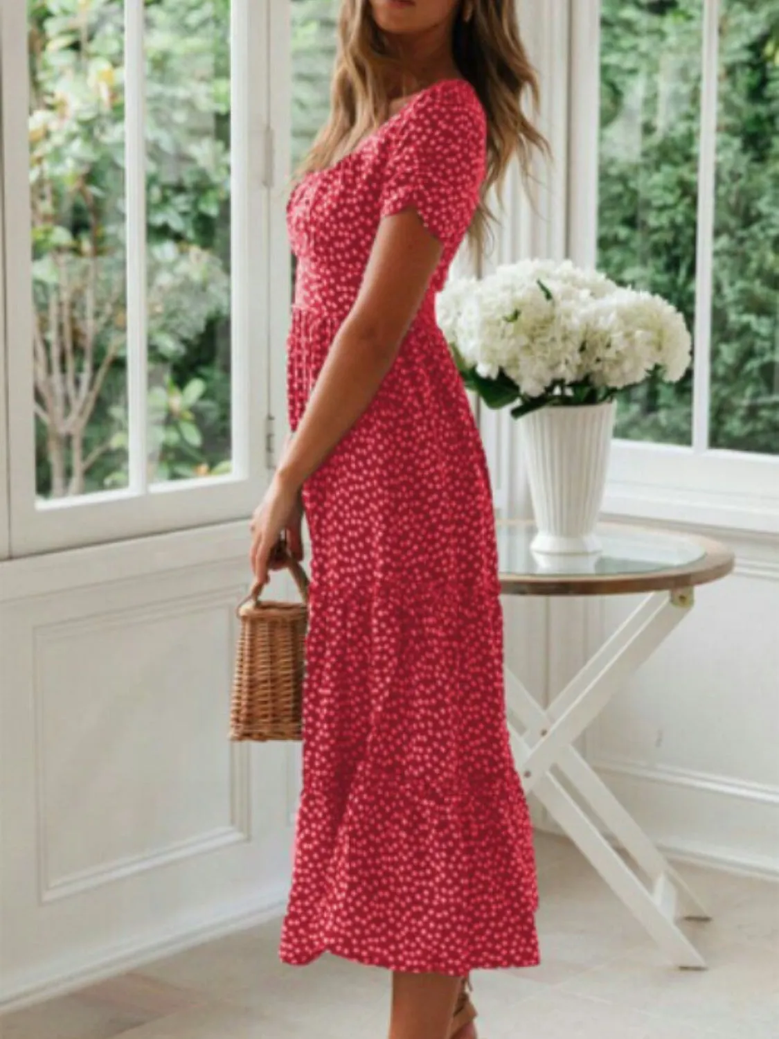 Printed Square Neck Short Sleeve Midi Dress
