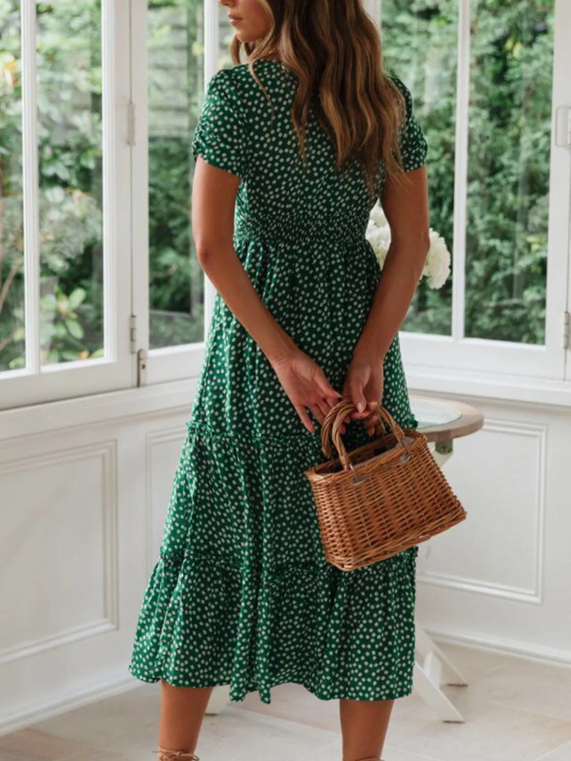 Printed Square Neck Short Sleeve Midi Dress