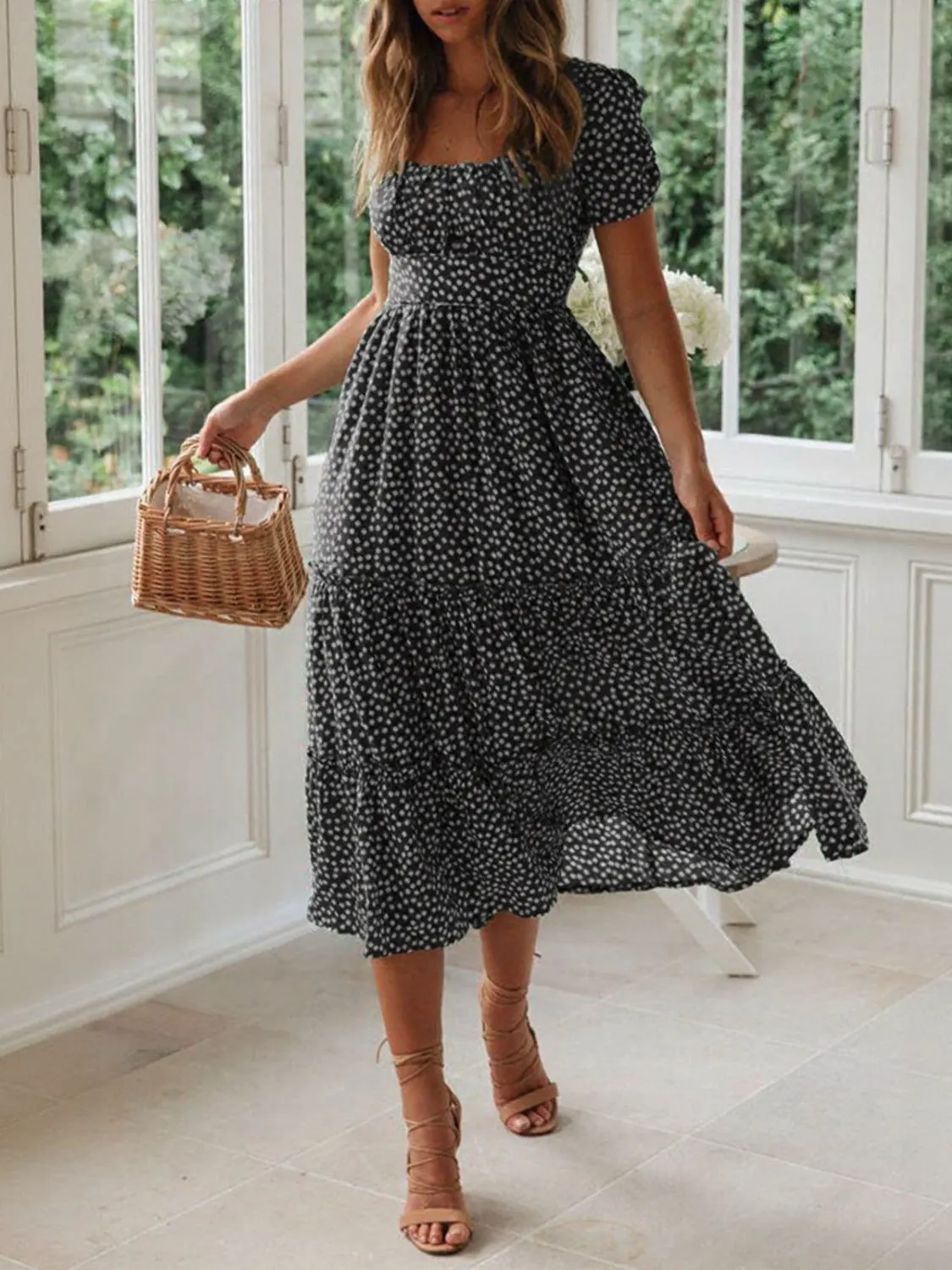 Printed Square Neck Short Sleeve Midi Dress