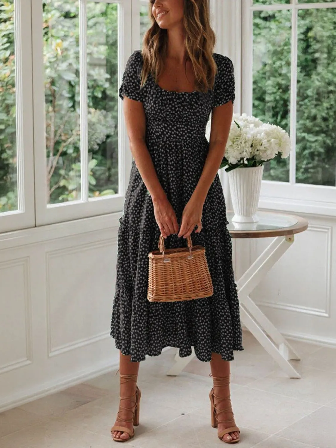 Printed Square Neck Short Sleeve Midi Dress