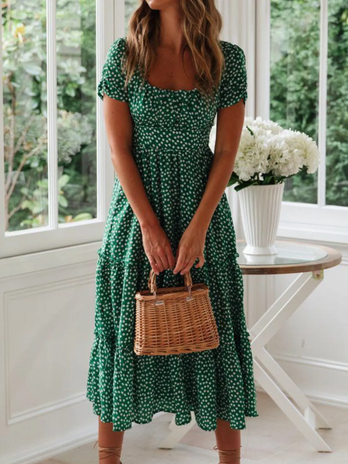 Printed Square Neck Short Sleeve Midi Dress