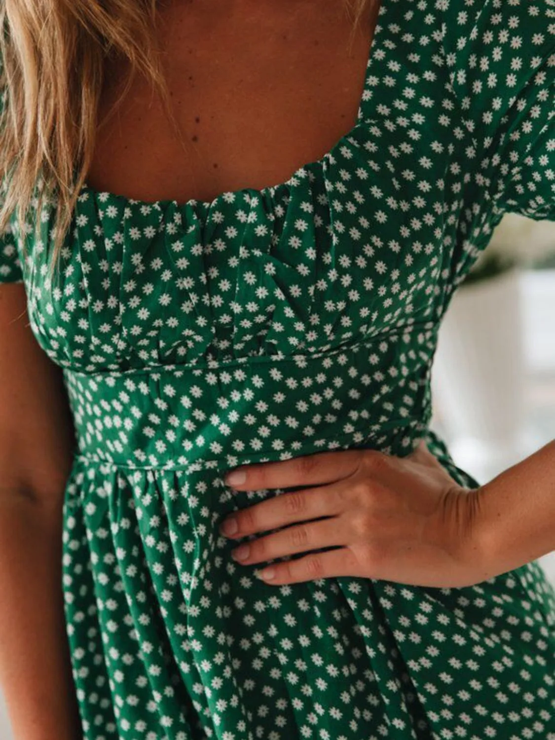 Printed Square Neck Short Sleeve Midi Dress