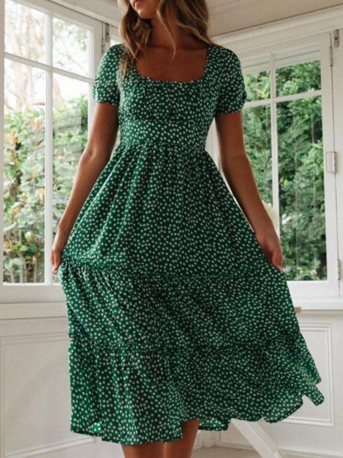 Printed Square Neck Short Sleeve Midi Dress